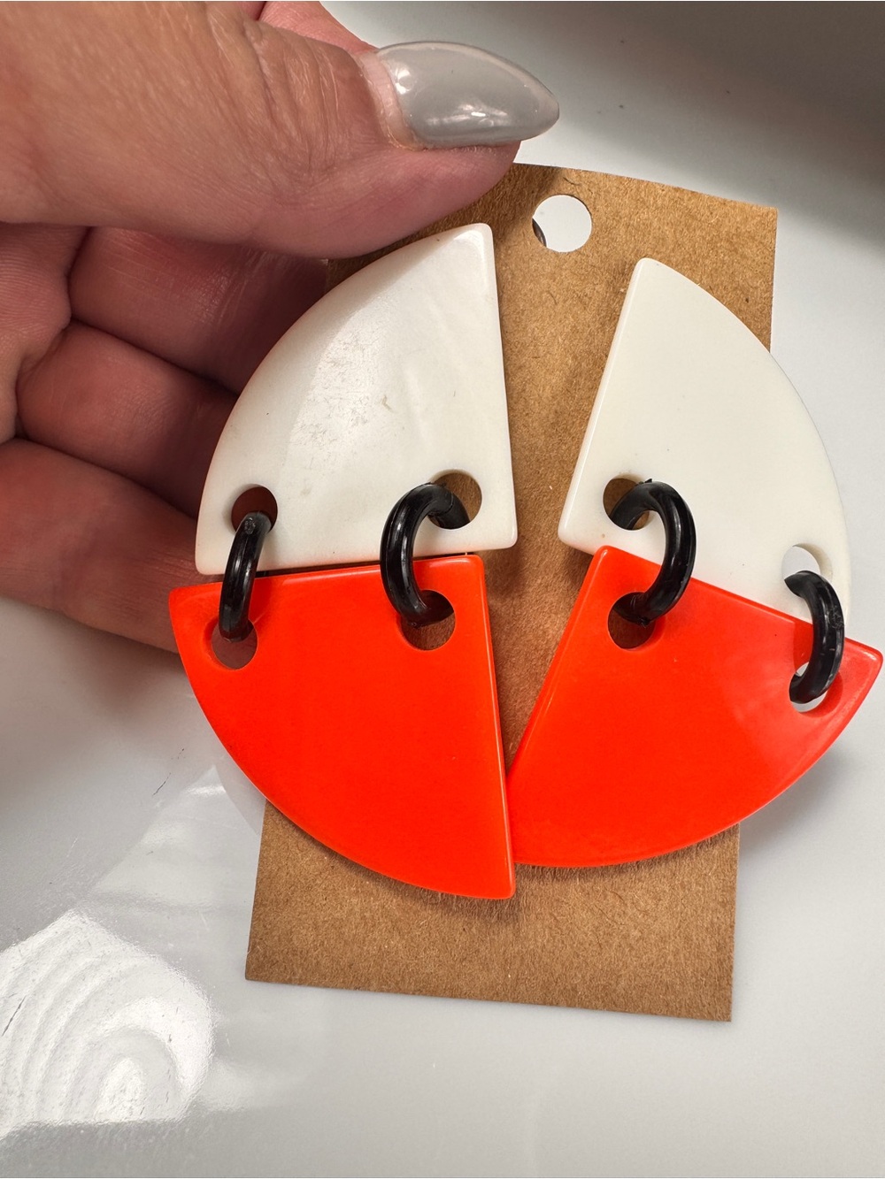 Geometric White and Orange Drop Earrings - Unbranded Modern Style
